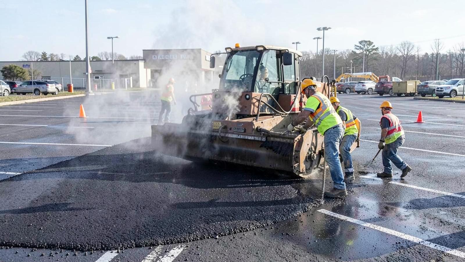 Asphalt paving crew laying hot mix on a Memphis parking lot